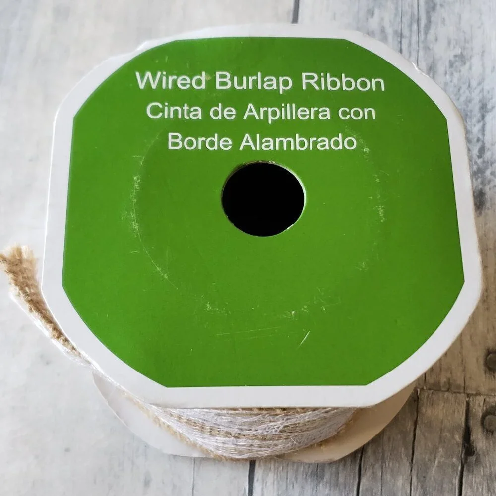 Wired Burlap Ribbon with Full White Lace Overlay - 2.5